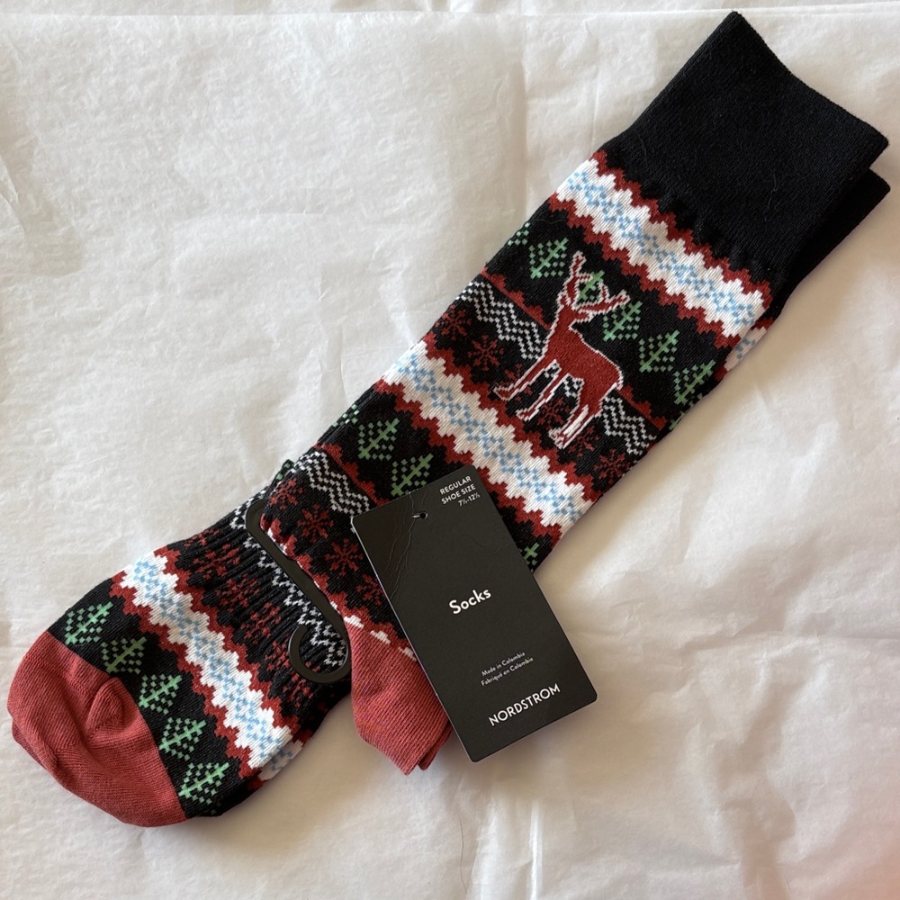 6/$20Nordstrom Holiday Reindeer Crew Socks - Black, Red Green 7 1/2 - 12 1/2 NWT